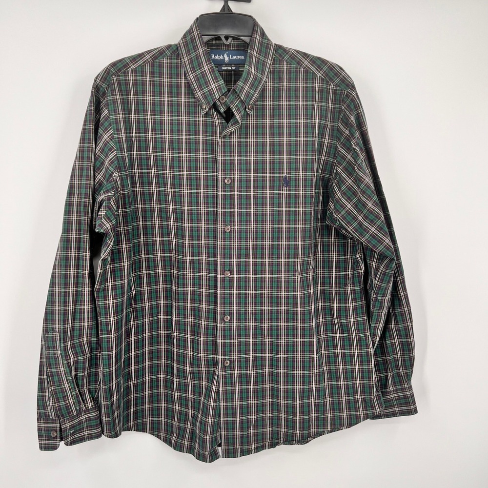 Ralph Lauren‎ Mens XL Custom Fit Plaid Button Down Shirt Green Navy Long Sleeve